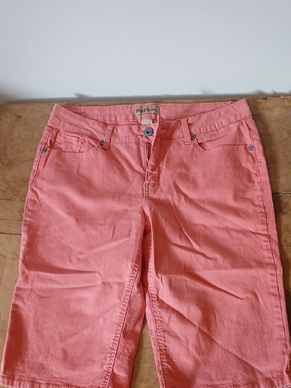 Ruffhewn Rusty Coral Straight-Leg Women's 12 Stretch Jean Knee Shorts